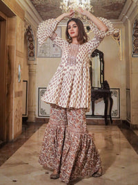 Divena Cream Printed Sharara Set - divenaworld.com