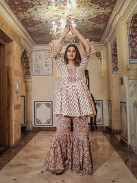 Divena Cream Printed Sharara Set - divenaworld.com