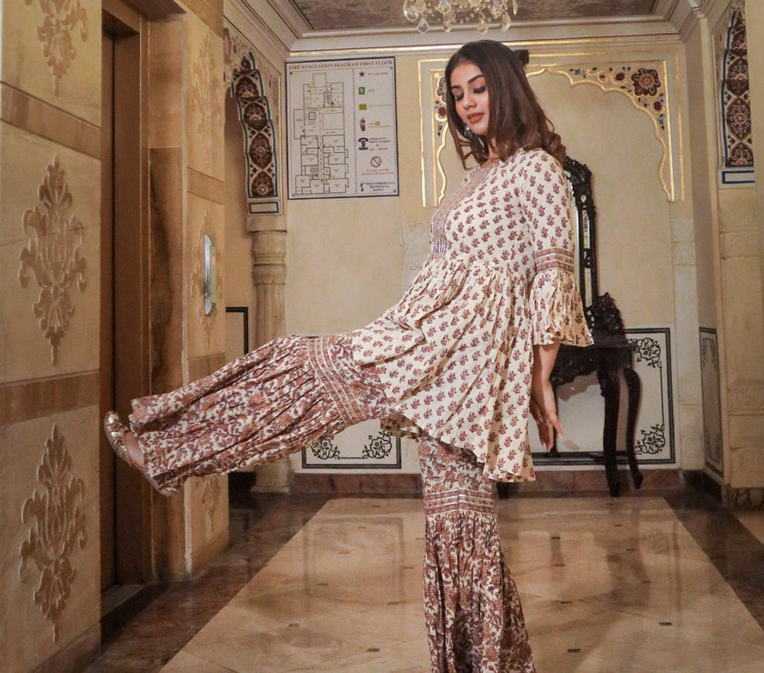 Divena Cream Printed Sharara Set - divenaworld.com