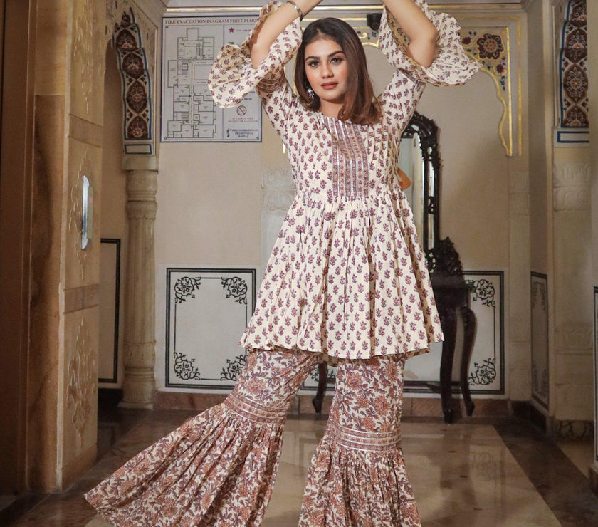 Divena Cream Printed Sharara Set - divenaworld.com