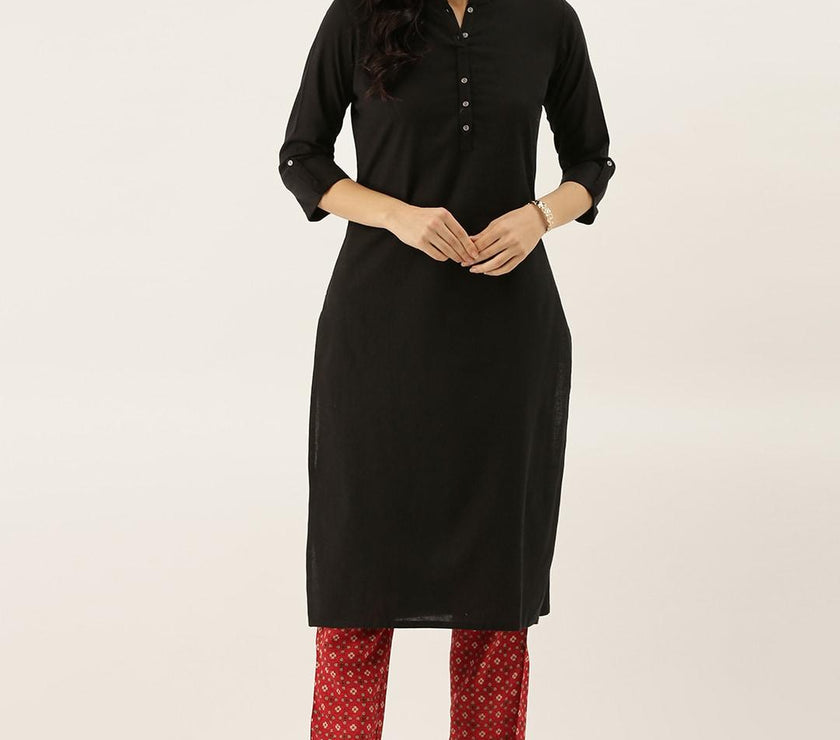 Divena Black Solid Straight Roll up Kurti - divena world