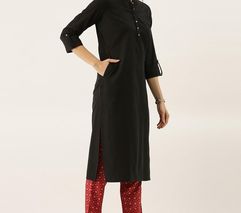 Divena Black Solid Straight Roll up Kurti - divena world