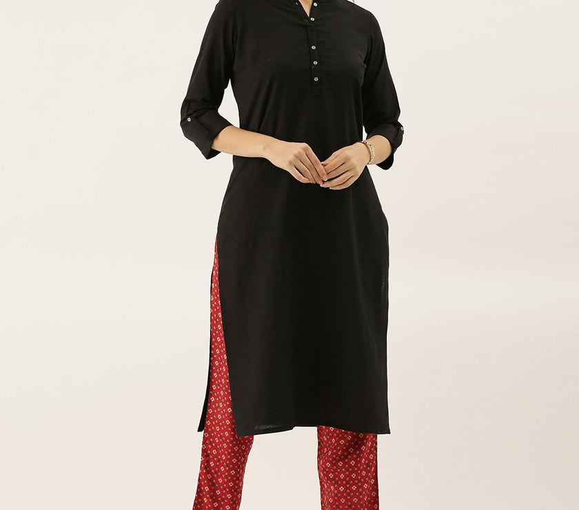 Divena Black Solid Straight Roll up Kurti - divena world