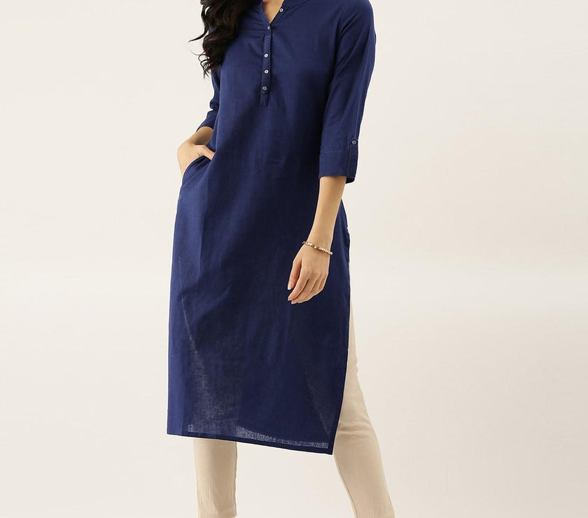 Divena Blue Solid Straight Roll up Sleeve Kurti - divena world