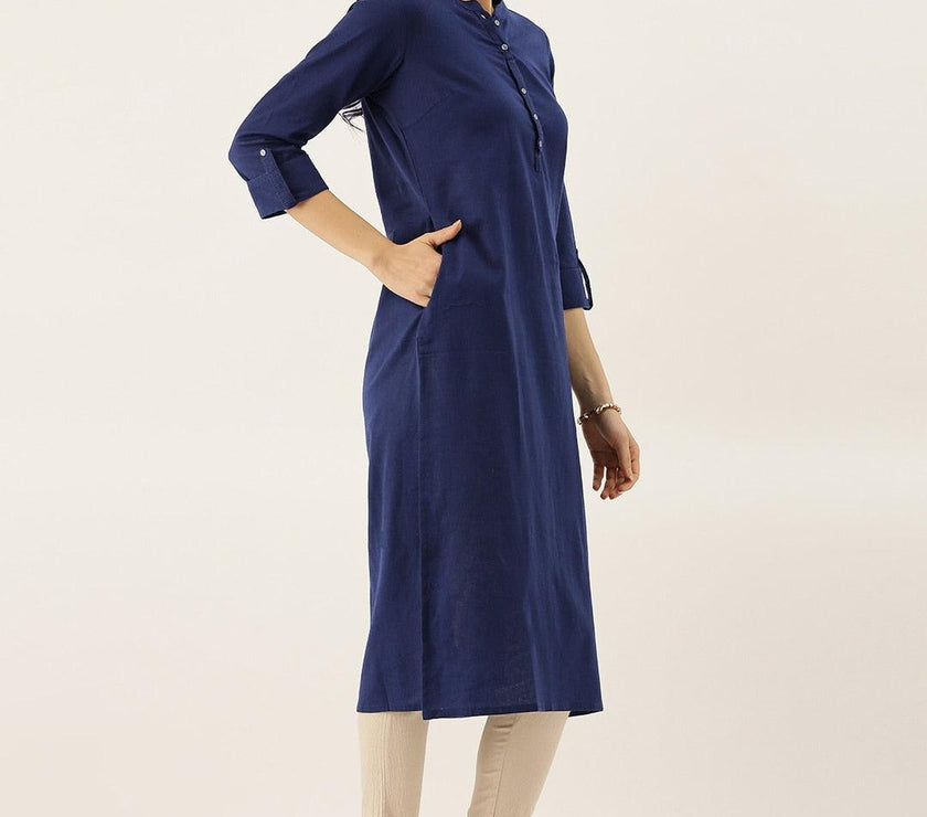 Divena Blue Solid Straight Roll up Sleeve Kurti - divena world