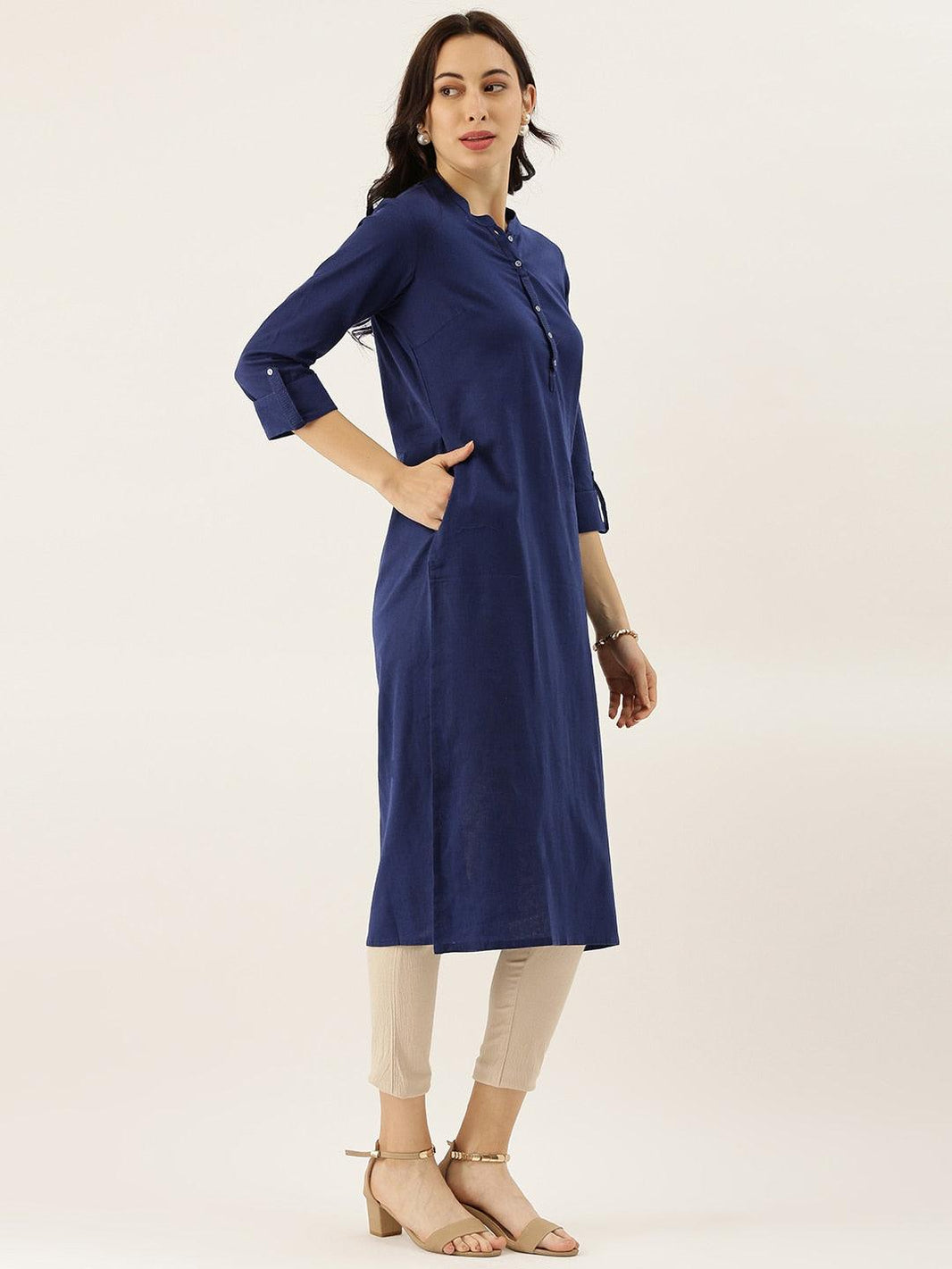 Divena Blue Solid Straight Roll up Sleeve Kurti - divena world