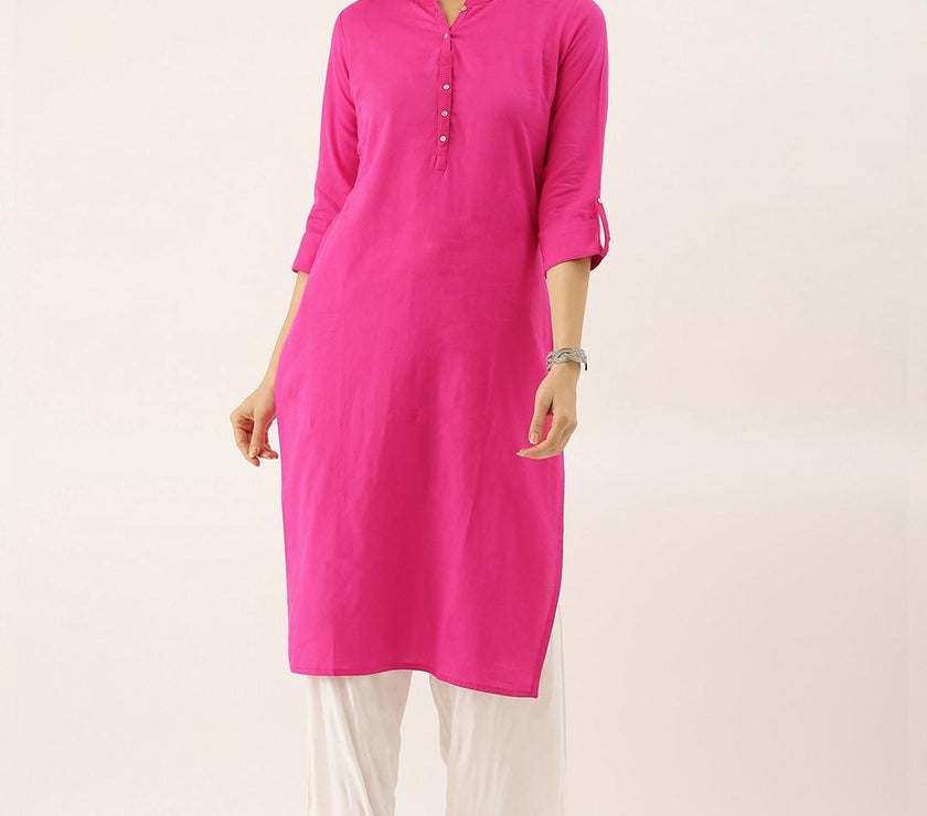 Divena Pink Solid Straight Roll up Sleeve Kurti - divena world