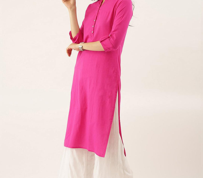 Divena Pink Solid Straight Roll up Sleeve Kurti - divena world