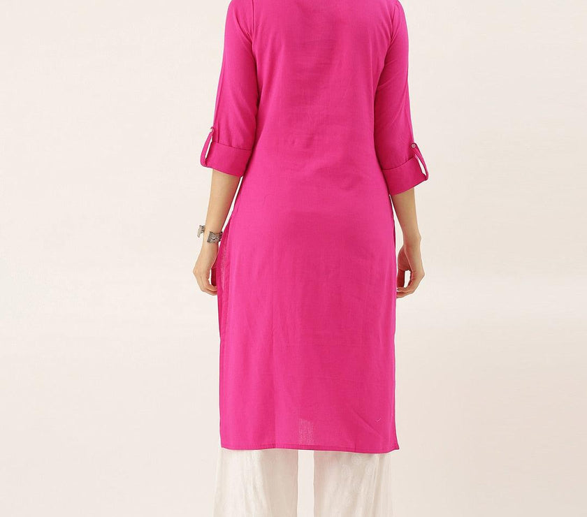 Divena Pink Solid Straight Roll up Sleeve Kurti - divena world