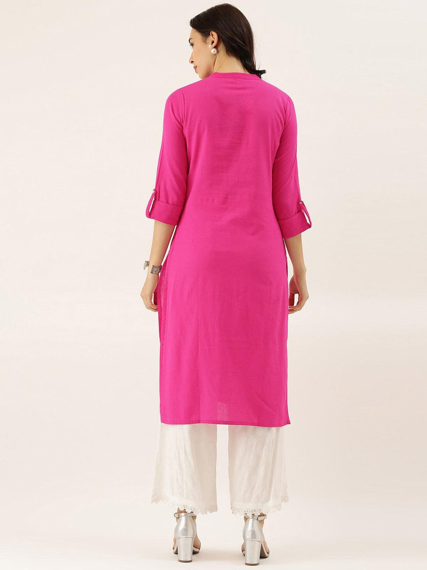 Divena Pink Solid Straight Roll up Sleeve Kurti - divena world