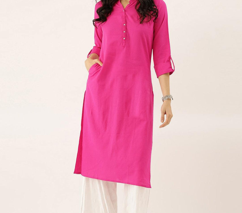 Divena Pink Solid Straight Roll up Sleeve Kurti - divena world