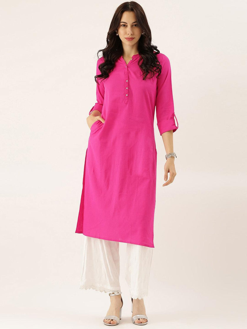 Divena Pink Solid Straight Roll up Sleeve Kurti - divena world