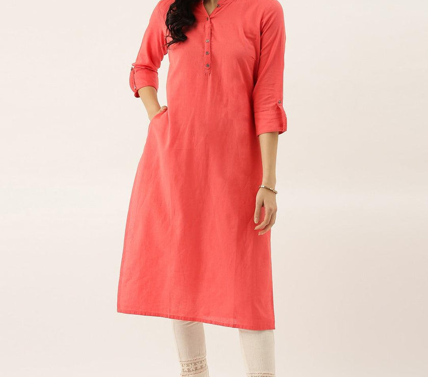 Divena Peach Solid Straight Roll up Sleeve Kurti - divena world