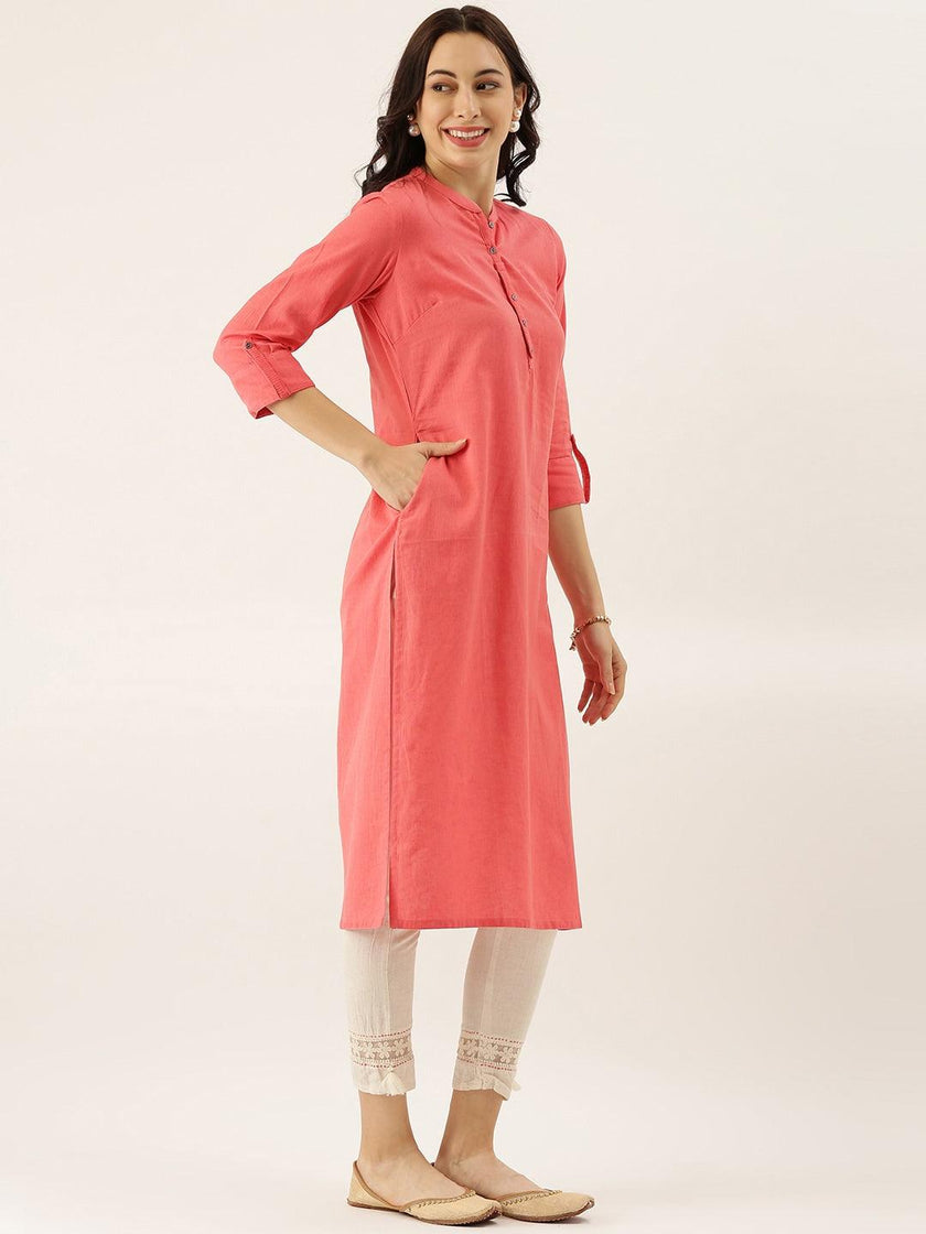 Divena Peach Solid Straight Roll up Sleeve Kurti - divena world