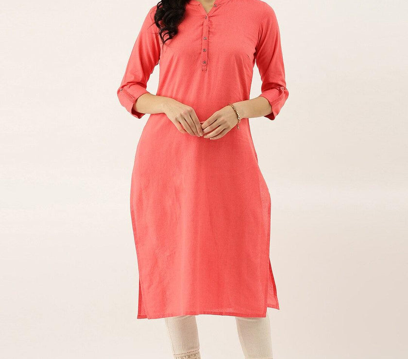 Divena Peach Solid Straight Roll up Sleeve Kurti - divena world