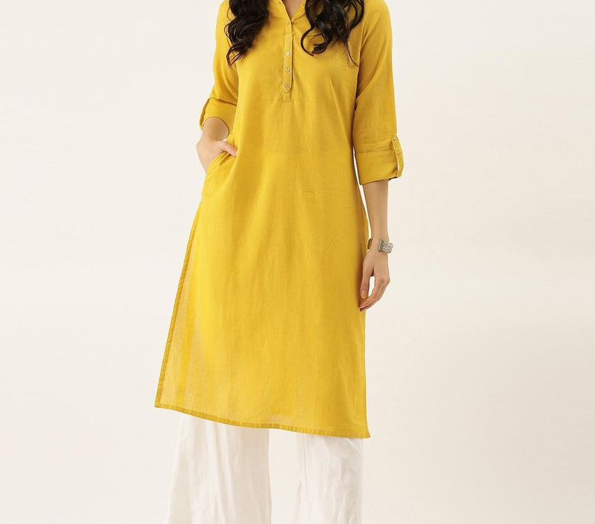 Divena Yellow Solid Straight Roll up Sleeve Kurti - divena world