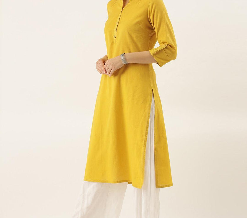 Divena Yellow Solid Straight Roll up Sleeve Kurti - divena world