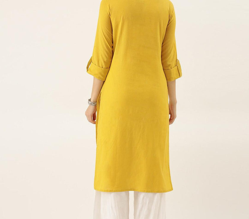 Divena Yellow Solid Straight Roll up Sleeve Kurti - divena world