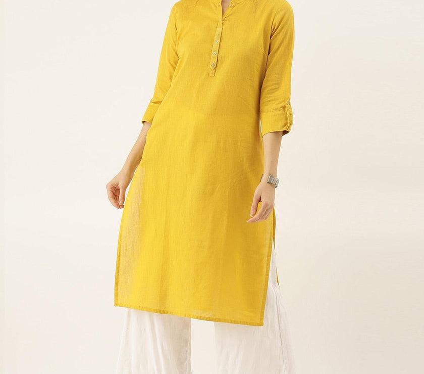 Divena Yellow Solid Straight Roll up Sleeve Kurti - divena world