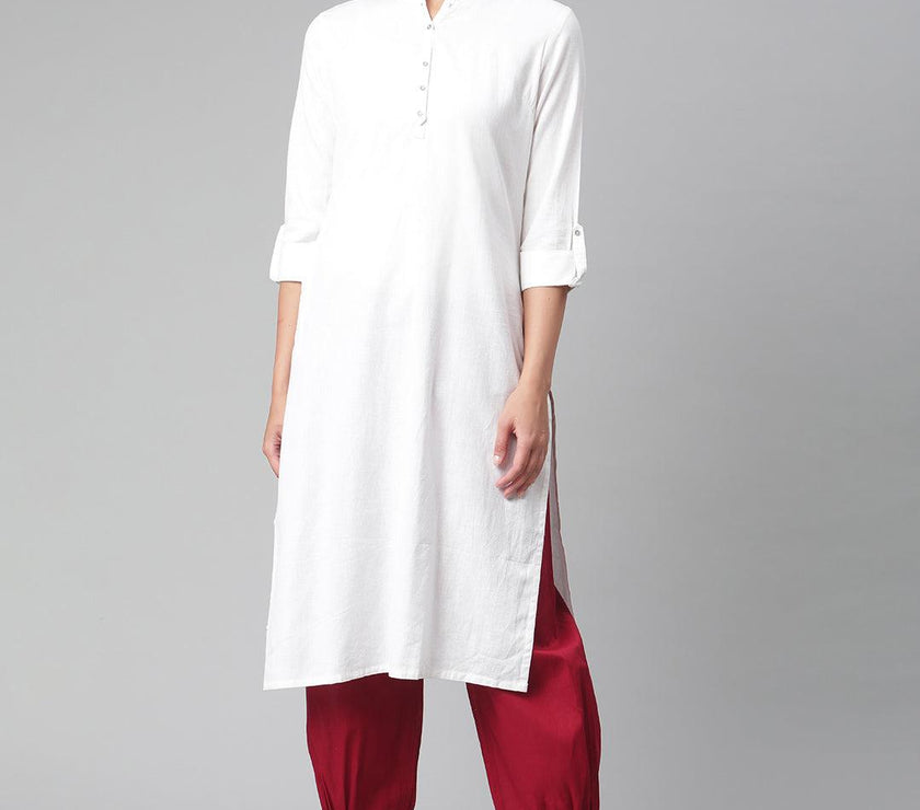 Divena White Solid Pure Cotton Straight Kurta - divena world