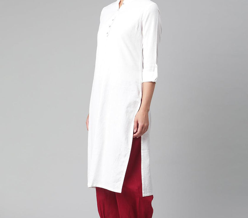 Divena White Solid Pure Cotton Straight Kurta - divena world