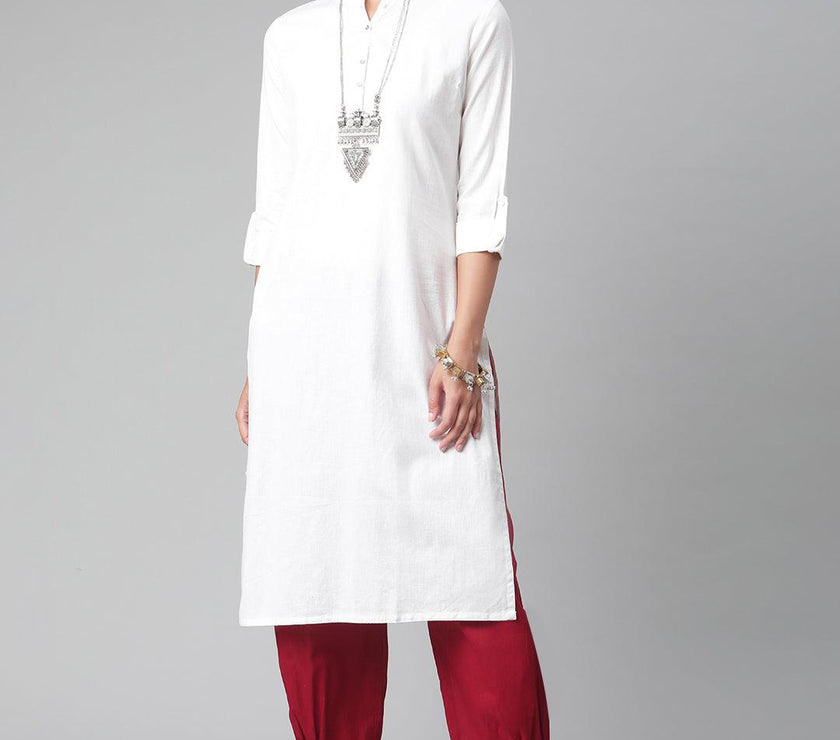 Divena White Solid Pure Cotton Straight Kurta - divena world