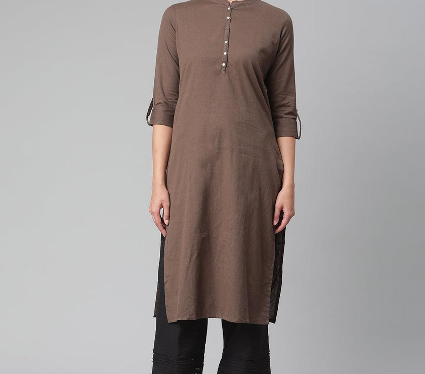 Divena Brown Cotton Straight Kurti - divena world