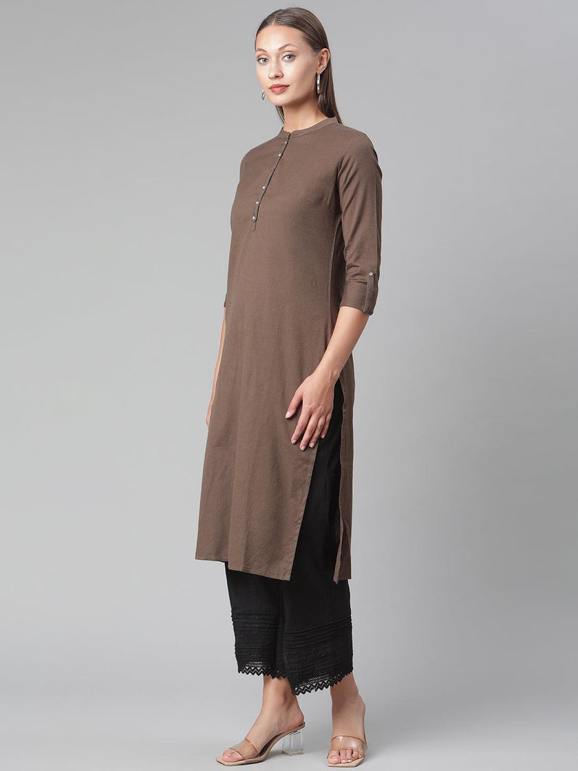 Divena Brown Cotton Straight Kurti - divena world