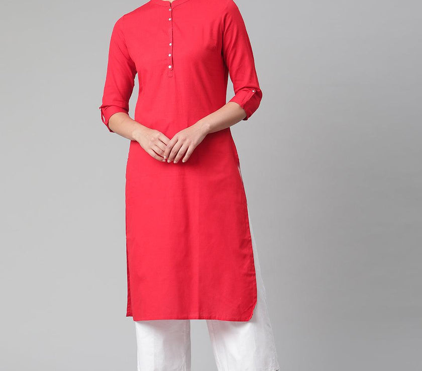 Divena Red Cotton Straight Kurti - divena world