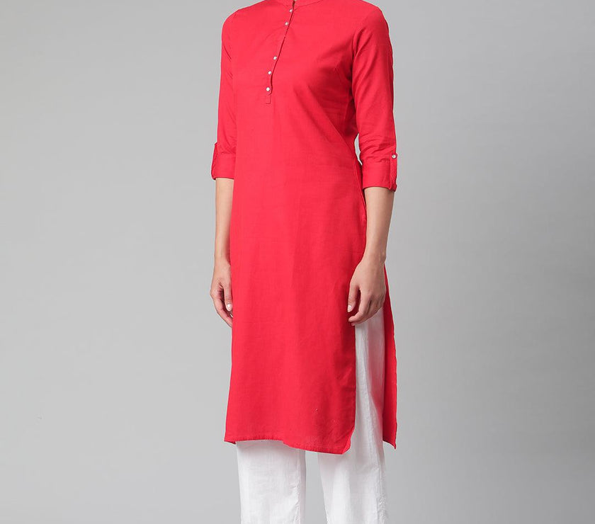 Divena Red Cotton Straight Kurti - divena world