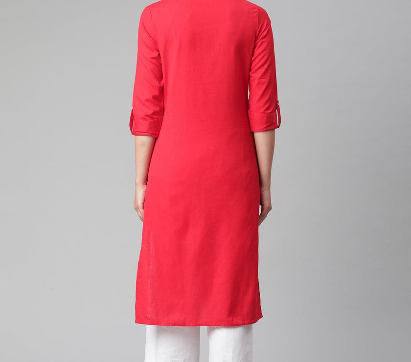 Divena Red Cotton Straight Kurti - divena world