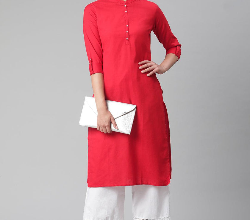 Divena Red Cotton Straight Kurti - divena world