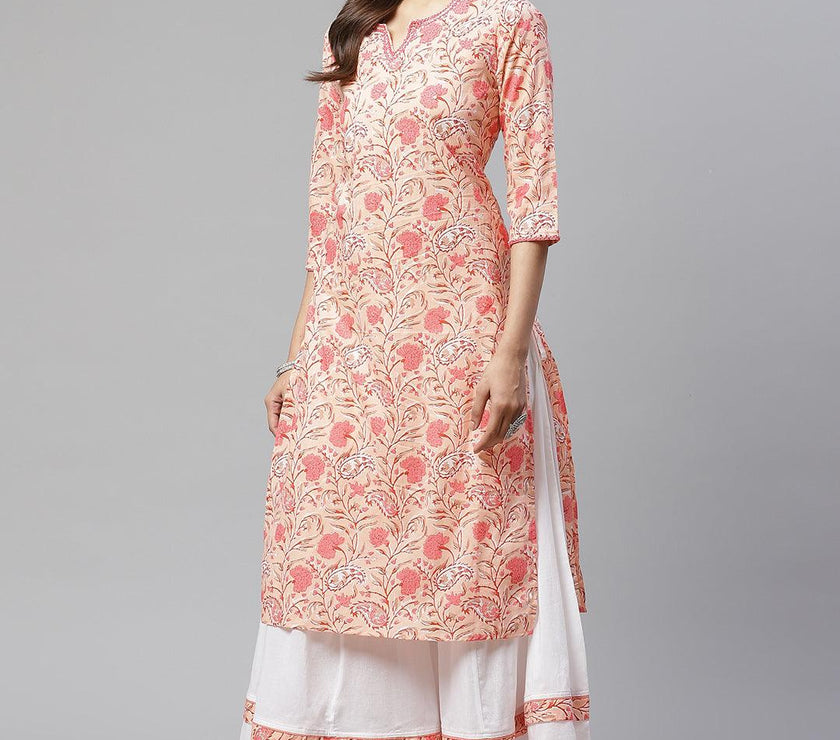 Divena Peach Cotton Kurta With Palazzo Set - divena world