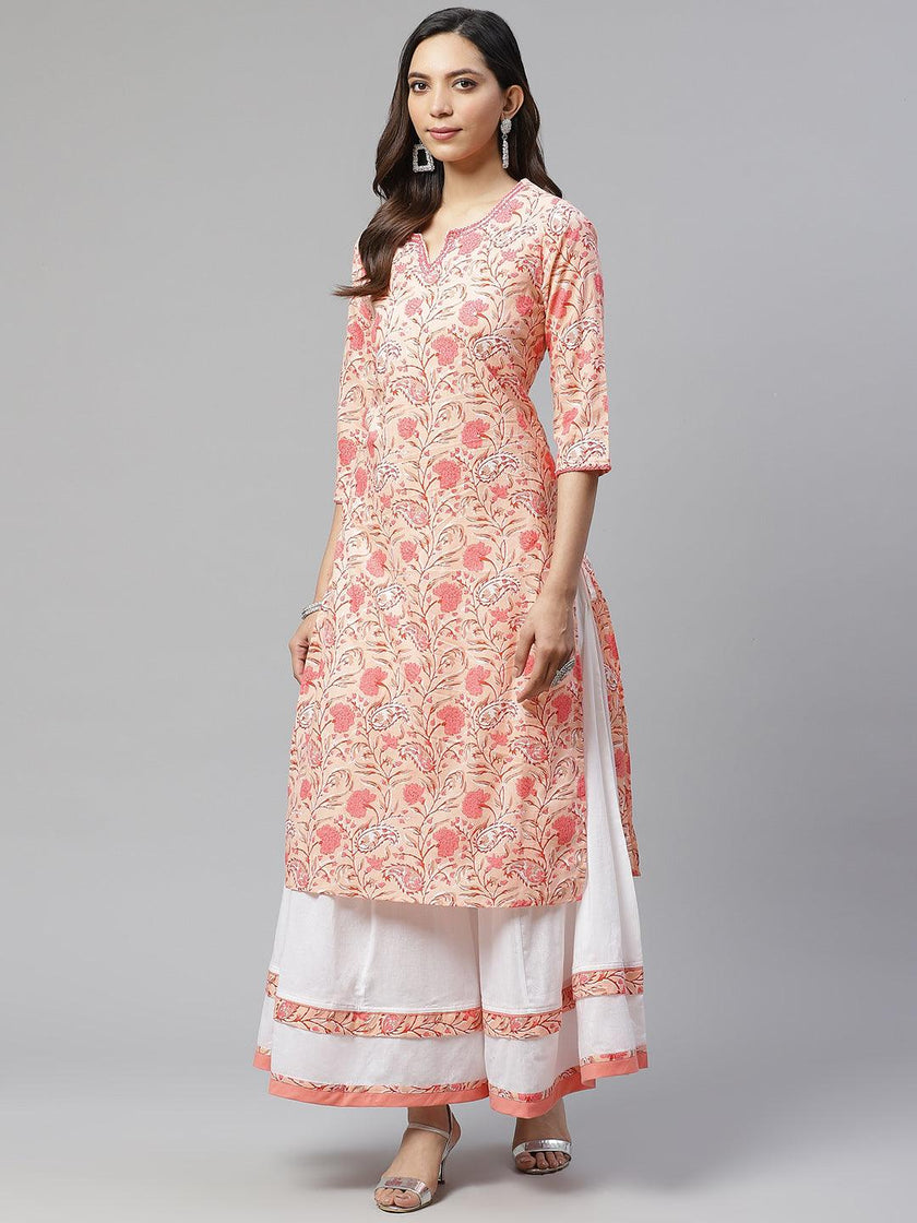 Divena Peach Cotton Kurta With Palazzo Set - divena world