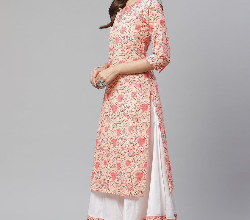 Divena Peach Cotton Kurta With Palazzo Set - divena world