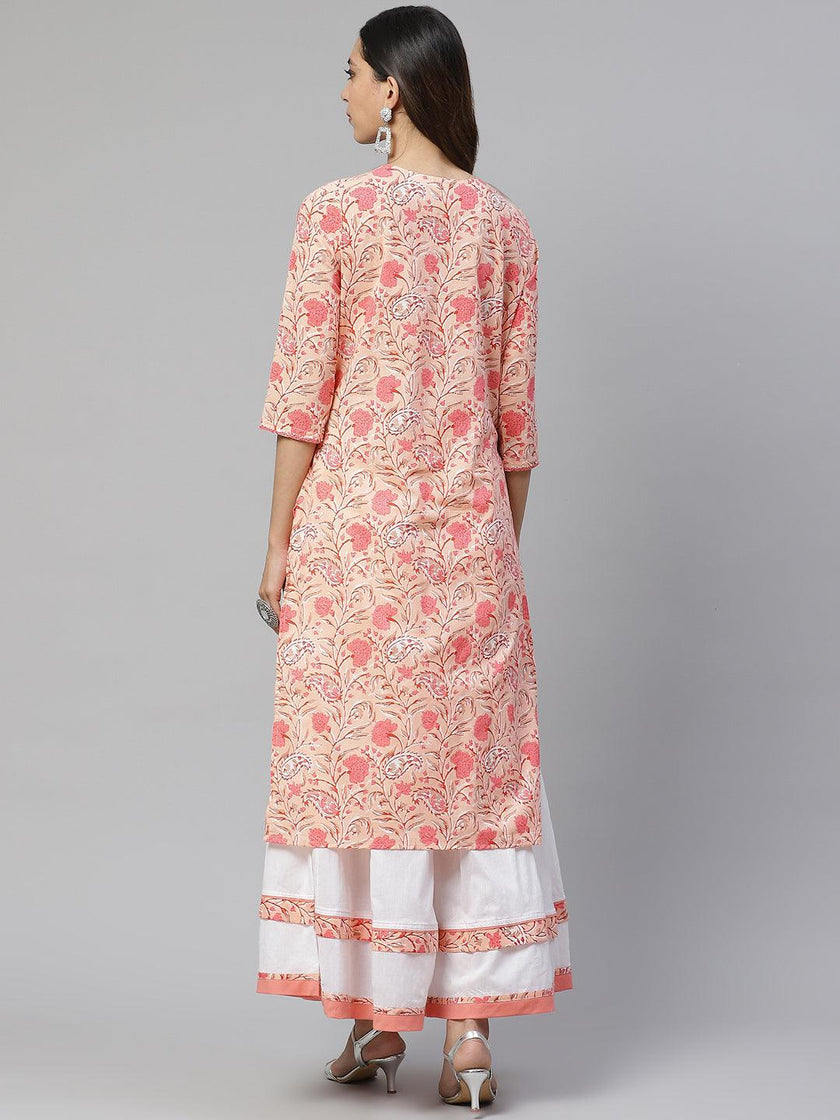 Divena Peach Cotton Kurta With Palazzo Set - divena world