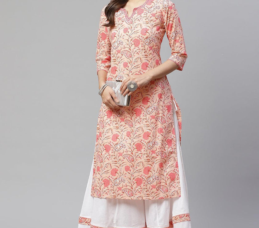 Divena Peach Cotton Kurta With Palazzo Set - divena world