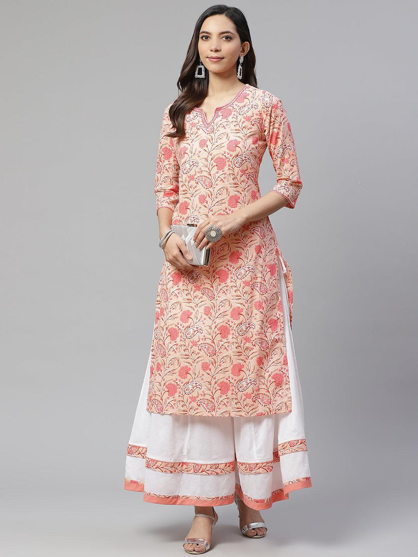 Divena Peach Cotton Kurta With Palazzo Set - divena world