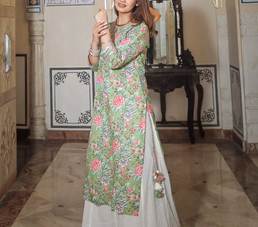 Divena Green Printed Cotton Kurta with Palazo Set - divenaworld.com