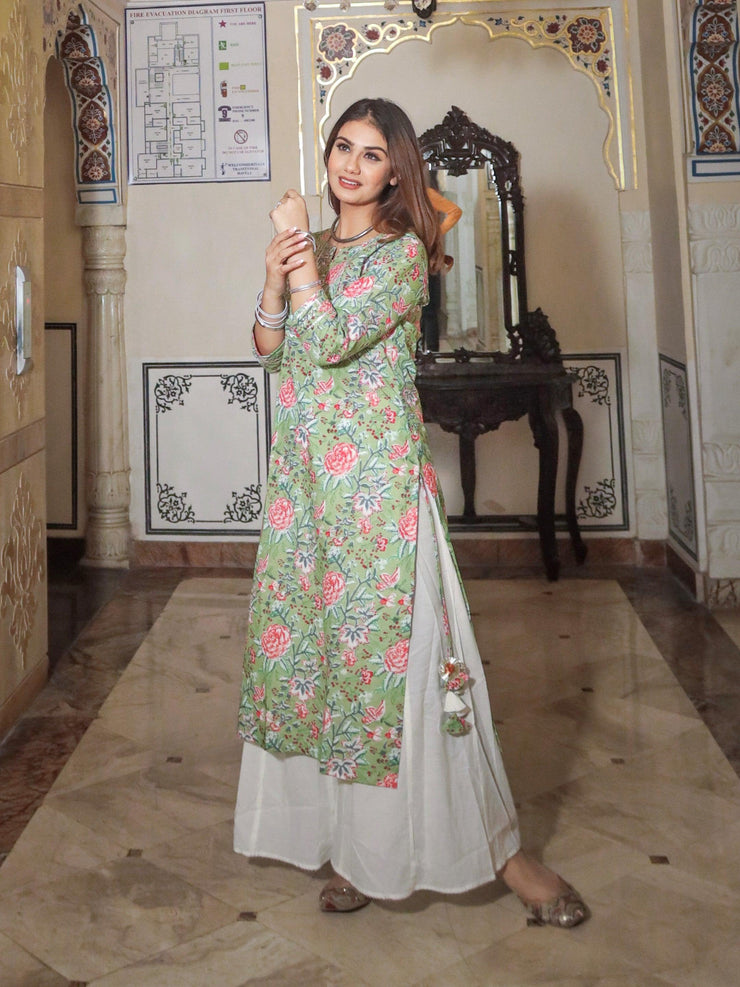 Divena Green Printed Cotton Kurta with Palazo Set - divenaworld.com