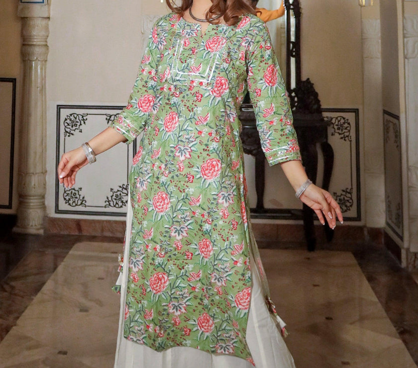 Divena Green Printed Cotton Kurta with Palazo Set - divenaworld.com