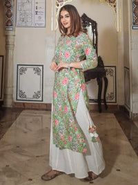 Divena Green Printed Cotton Kurta with Palazo Set - divenaworld.com