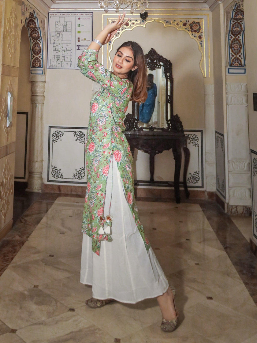 Divena Green Printed Cotton Kurta with Palazo Set - divenaworld.com