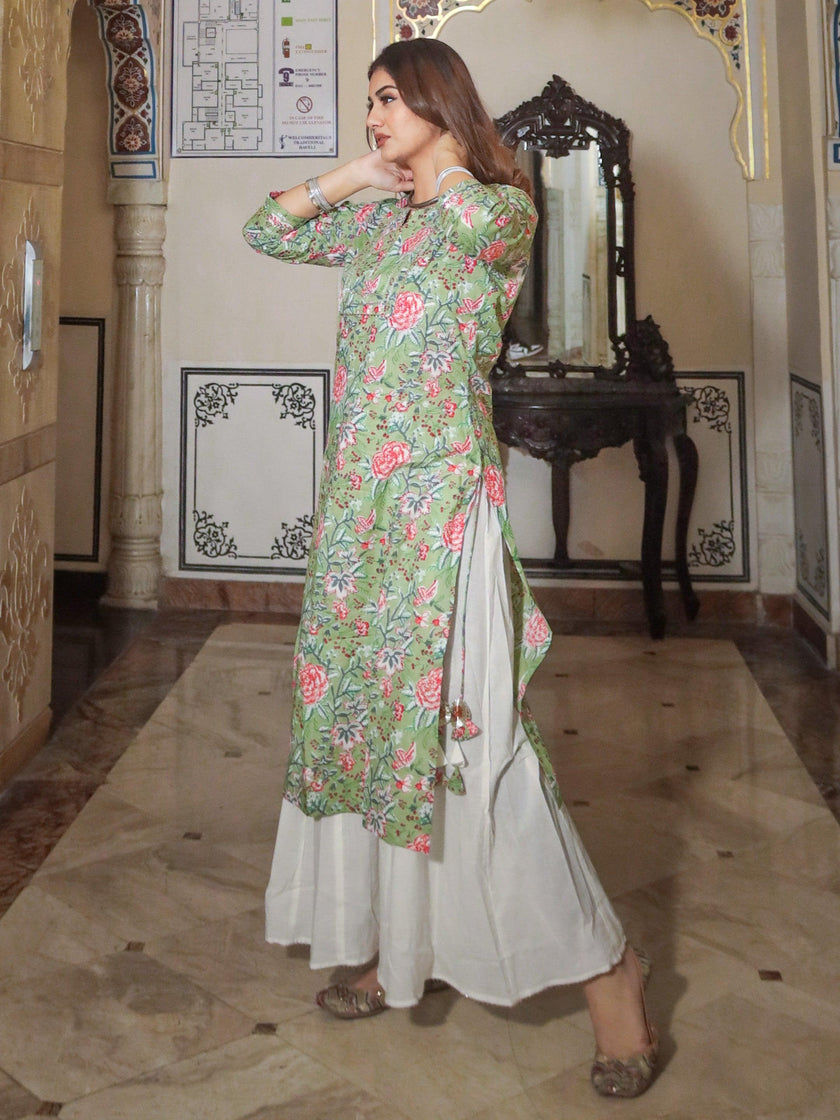 Divena Green Printed Cotton Kurta with Palazo Set - divenaworld.com