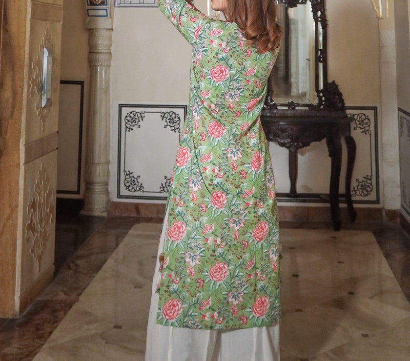 Divena Green Printed Cotton Kurta with Palazo Set - divenaworld.com