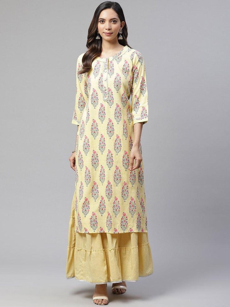 Divena Yellow Rayon Printed Kurti Sharara Set - divena world