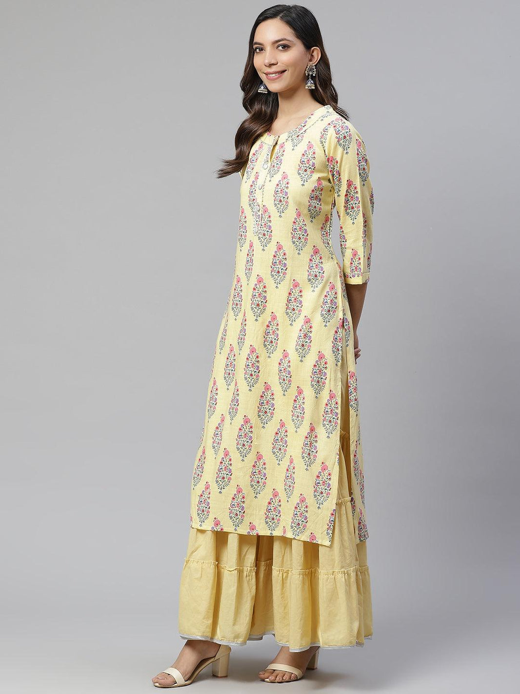 Divena Yellow Rayon Printed Kurti Sharara Set - divena world