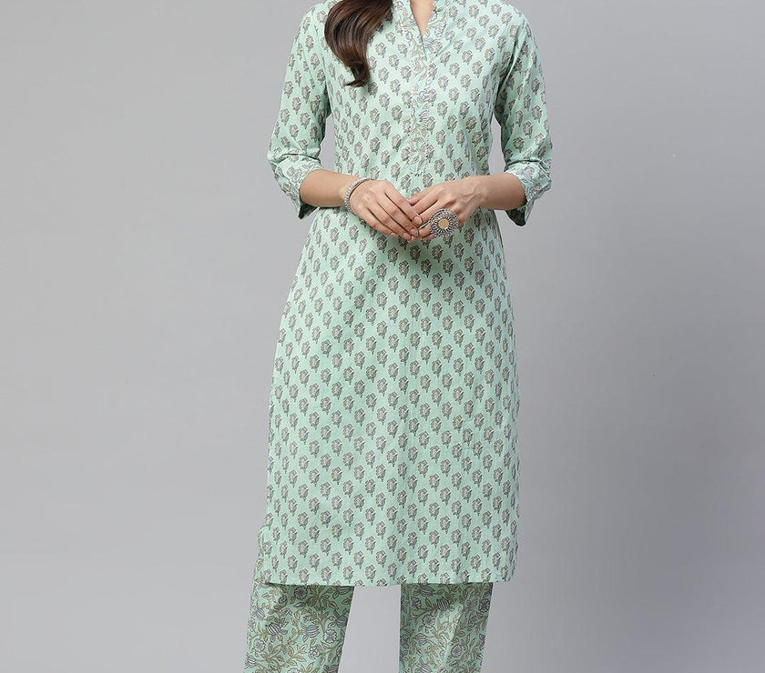 Divena Sea Green Cotton Printed Kurti Pant Set - divena world