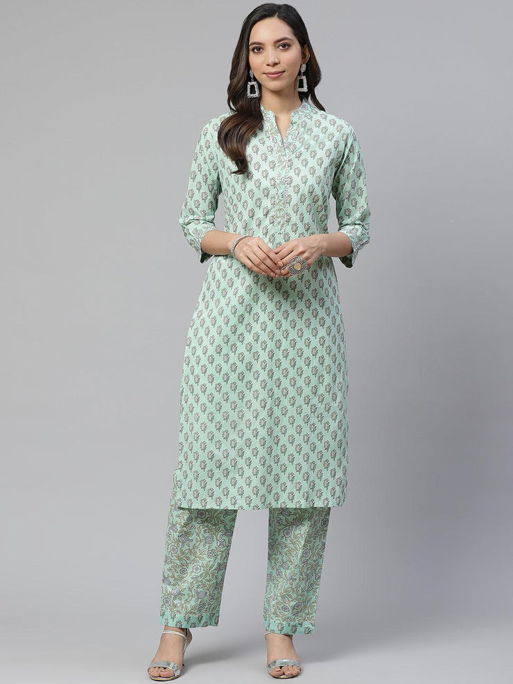 Divena Sea Green Cotton Printed Kurti Pant Set - divena world