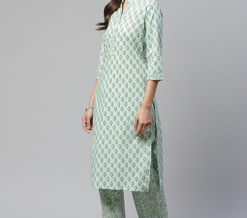 Divena Sea Green Cotton Printed Kurti Pant Set - divena world